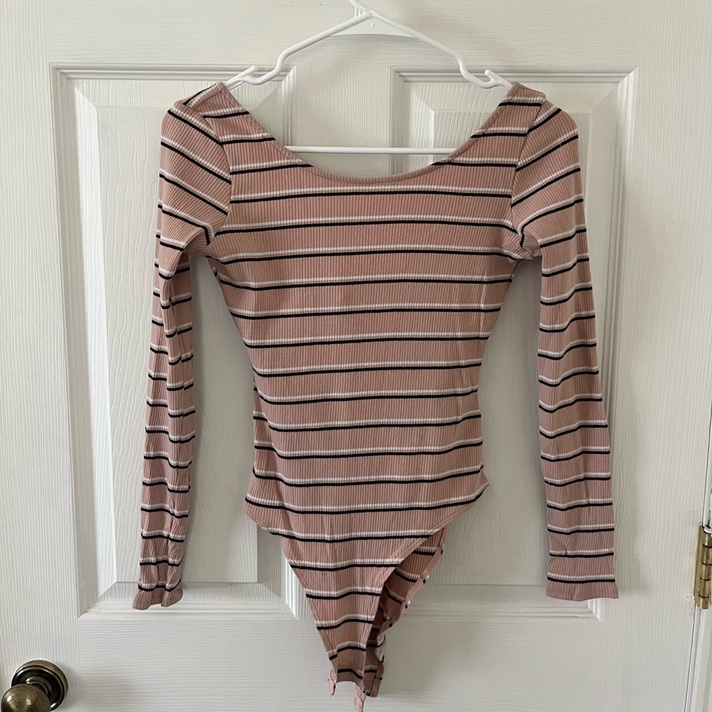 H&M Light Pink and Black Striped Bodysuit